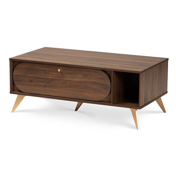 Baxton Studio Edel Mid-Century Modern Walnut Brown and Gold Finished Wood Coffee Table 174-10959-Zoro